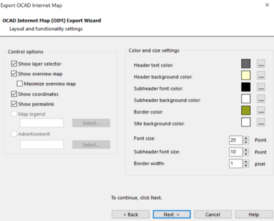 Layout and settings of the OCAD Internet Map